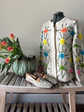 Handmade Floral Embroidered Cardigan Sweater | Chunky Knit | Cottagecore